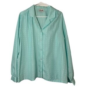 Vintage‎ Lucky Me Plus Size 2X Aqua Textured Blouse Made USA Long Sleeve